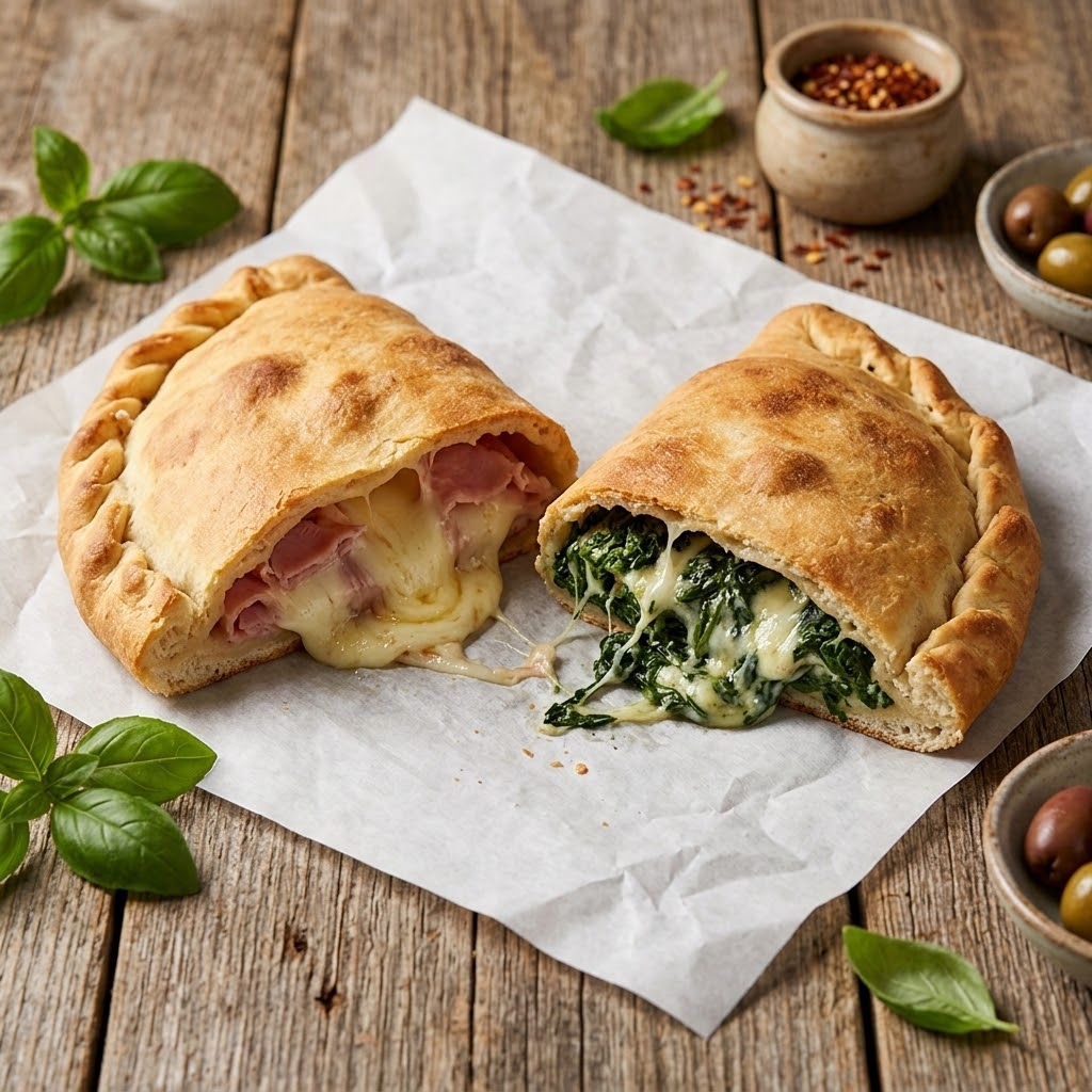 Calzones and spinach pies cut open showing fillings