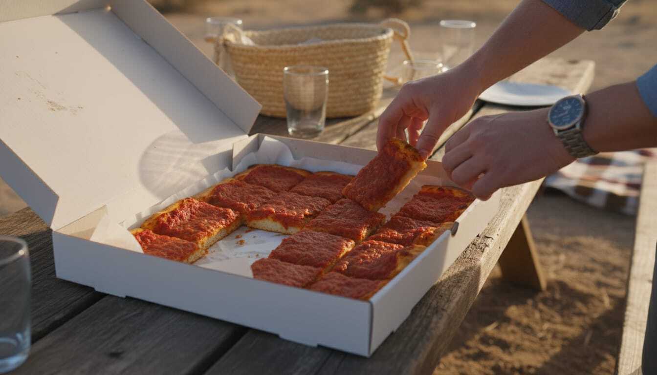 Open box of Rhode Island strip pizza at a riverside table