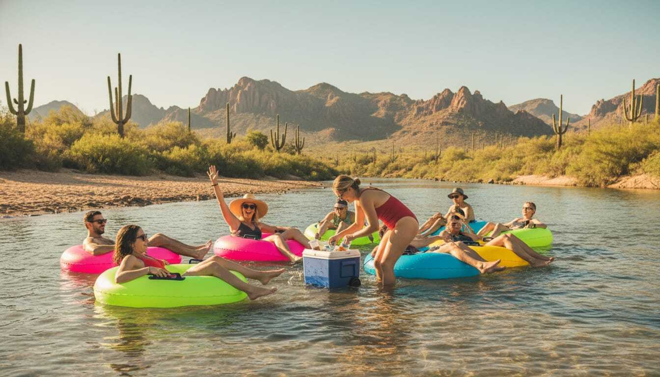 Friends tubing the Salt River with a cooler, saguaro cacti and canyon walls in background